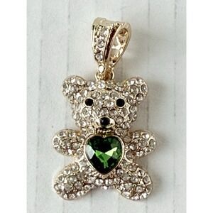 New 14K Gold Plated Icy Crystal Bear PendantHeart Chain Necklace 22”Oro Laminado